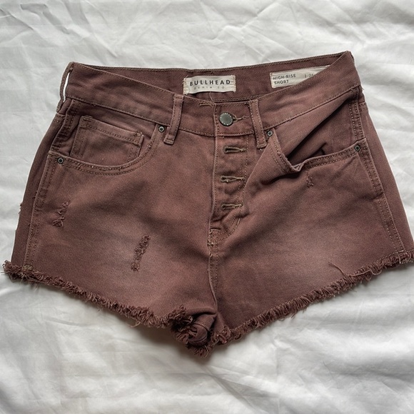 Bullhead High Rise Denim Shorts Brown Frayed Bottom SIZE 26 Like New Condition - Picture 1 of 6